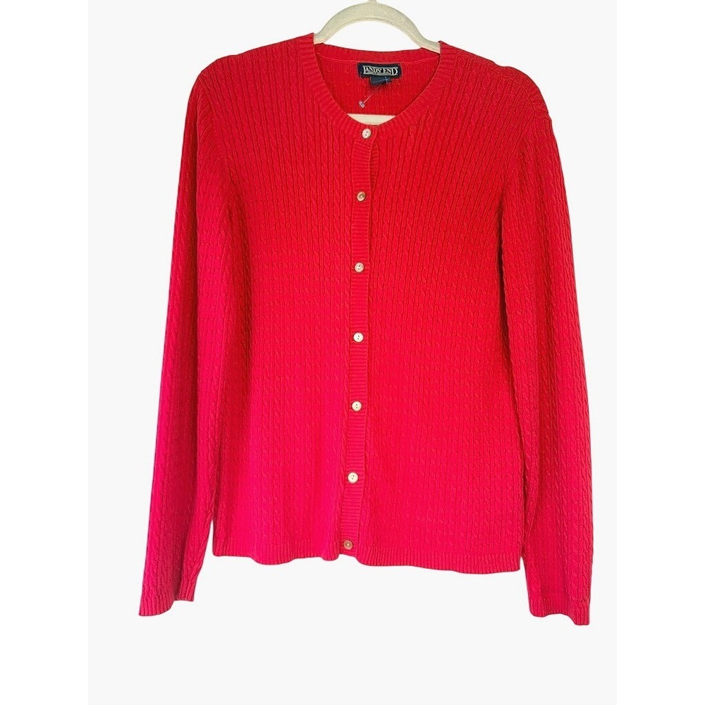 Vtg LANDS' END Red Cable Knit Cotton Cardigan Sweater S Preppy Cozy Academia